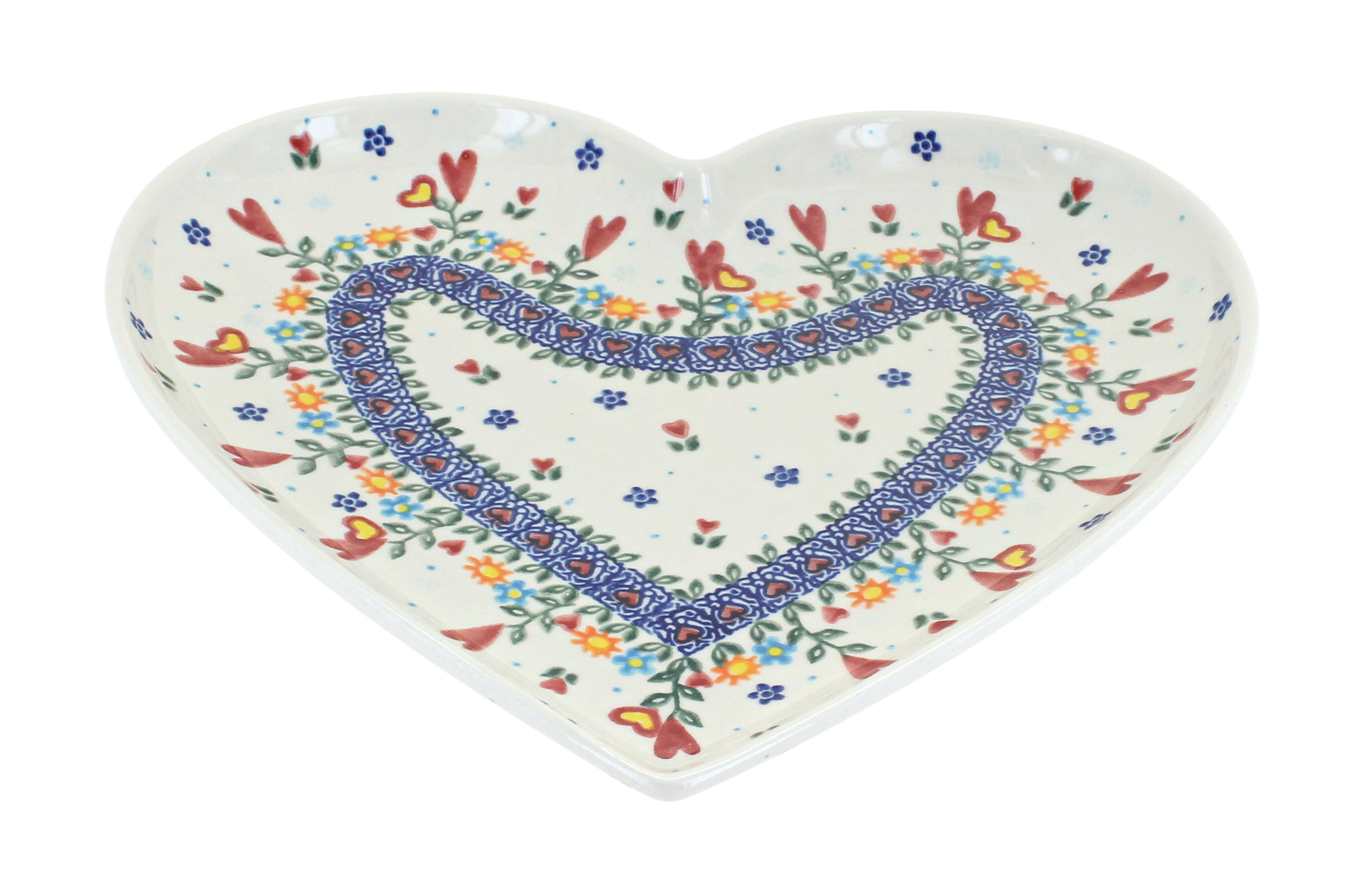 Blue Rose Polish Pottery Hearts & Flowers Large Heart Plate